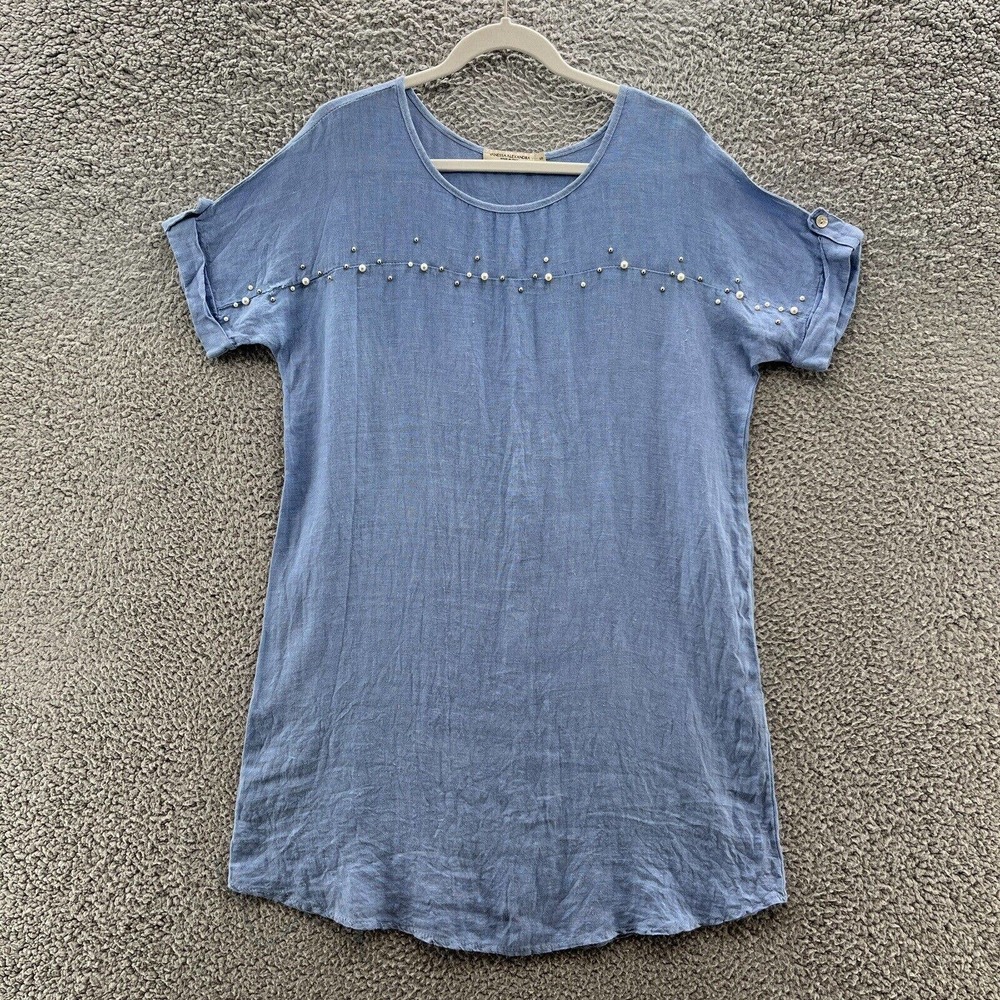 Vanessa Alexandra Dress Women S Blue Linen Lightweight Short Sleeve Beaded Shift